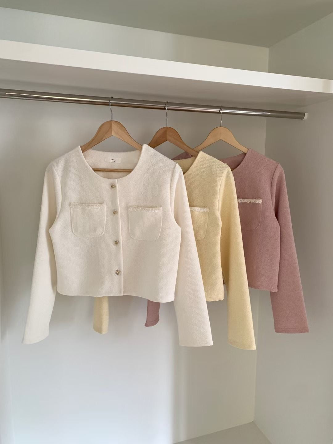 Elegant Bow-Embossed Button Tweed Jacket(3 colors)