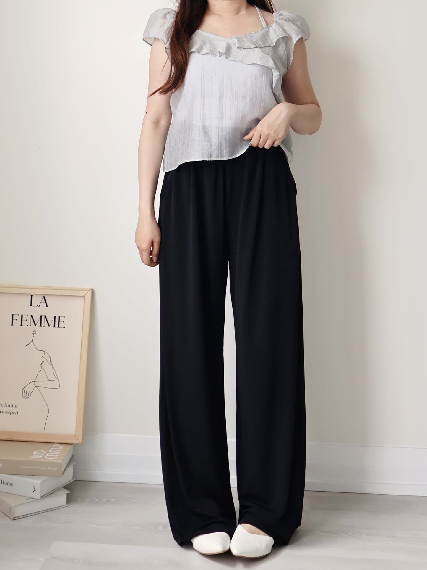 [Wrinkle-Free] Cooling Flowy Dual-Pocket Wide-Leg Pants(Black)