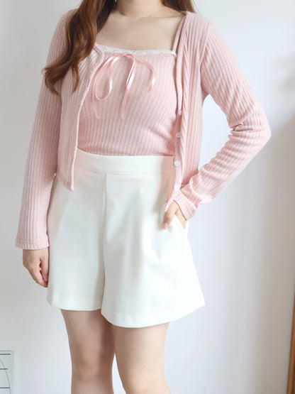 [2-Piece Set] Romantic Balletcore Lace Cami & Cardigan Set(Pink)