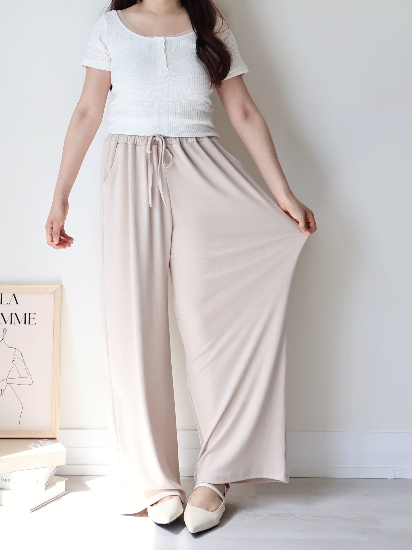 [2 Lengths] Cloud-Soft & Silk-Touch Cooling Wide-Leg Pants with Pockets(Beige)