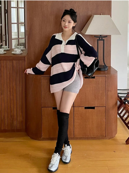 Relaxed Stripe Knit Top with Lapel Collar(4 colors)