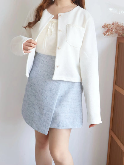Elegant Bow-Embossed Button Tweed Jacket(3 colors)