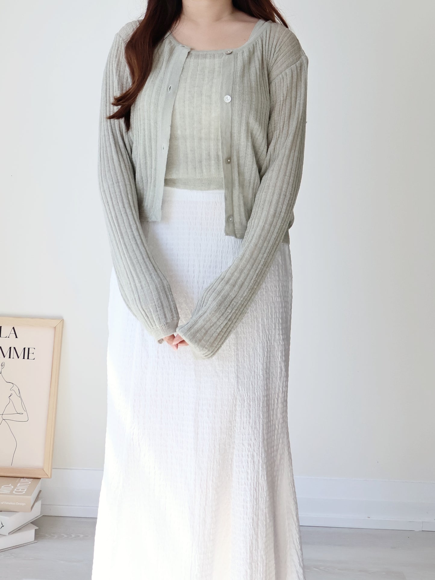 Breezy Cooling Linen Cami + Shell Button Cardigan Set(Matcha)
