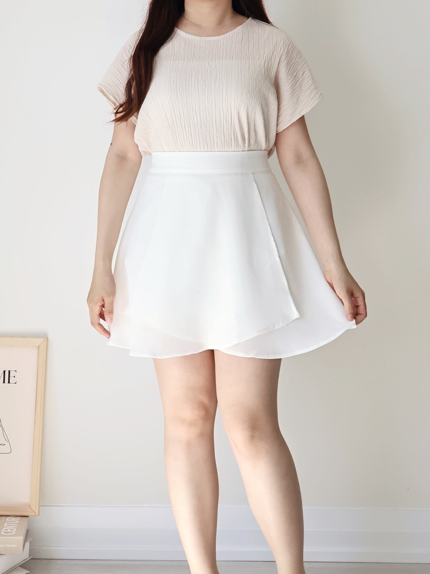 [Wrinkle-Free] Breezy Crinkled Arm-Concealing Blouse(Powder Apricot)