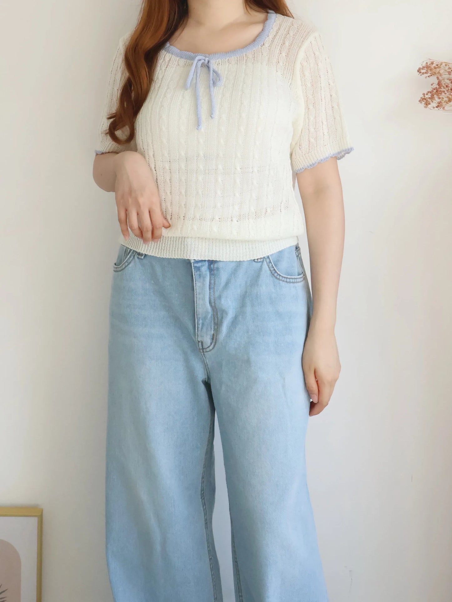 Romantic Square-Neck Contrast-Trim Bow Cable Knit Top(Ivory)