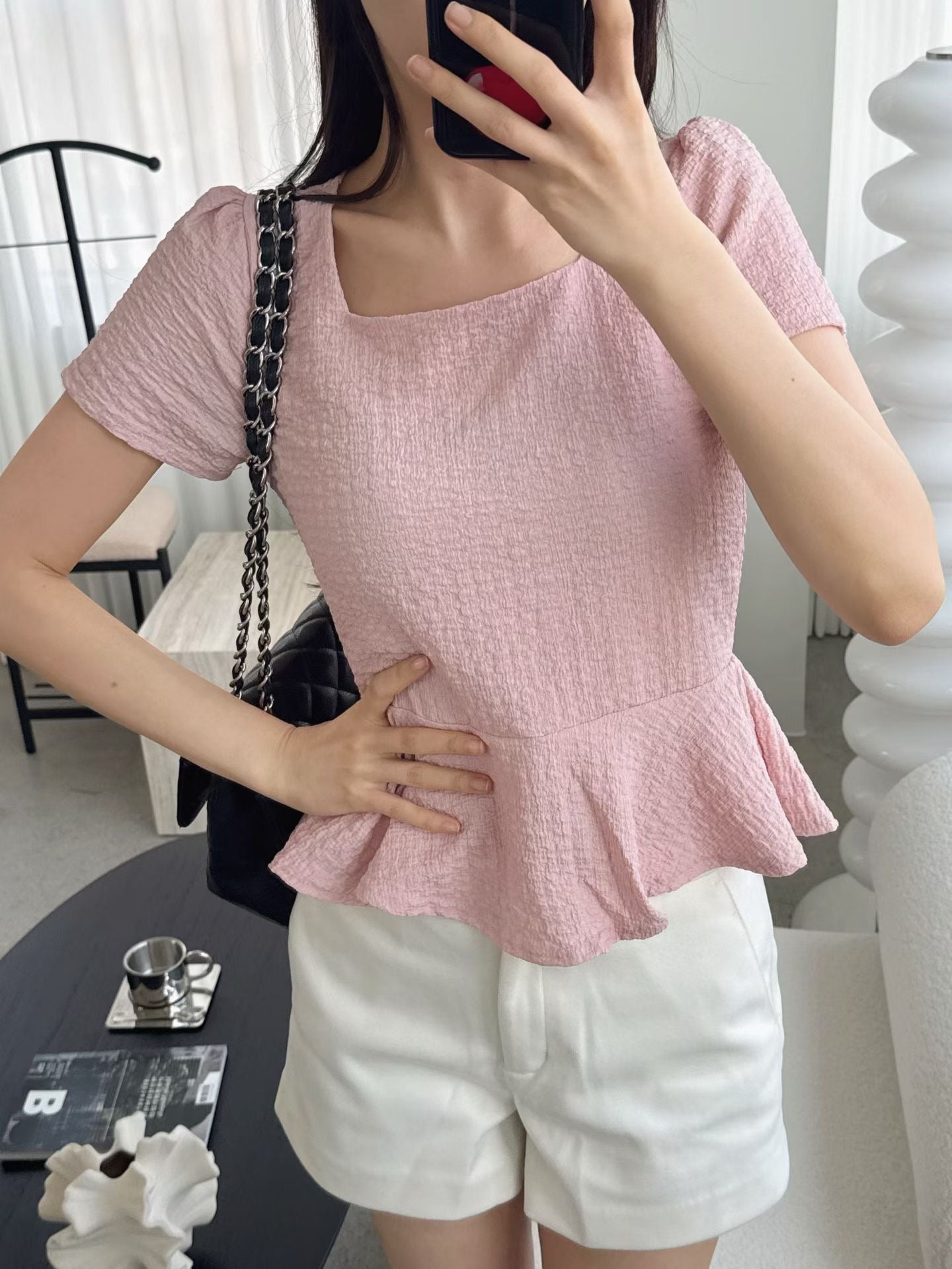 [Wrinkle-Free] Elegant Square Neck Flattering Peplum Blouse(3 Colors)