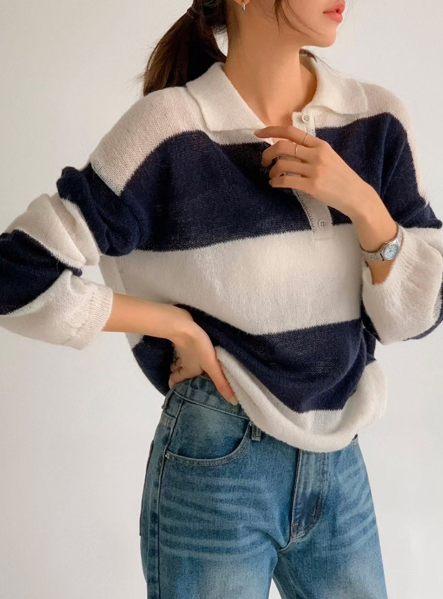 [20% Wool] Preppy Stripe Polo Sweater(5 colors)