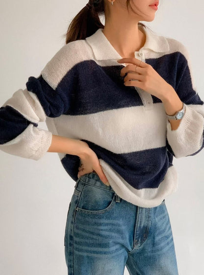 [20% Wool] Preppy Stripe Polo Sweater(5 colors)