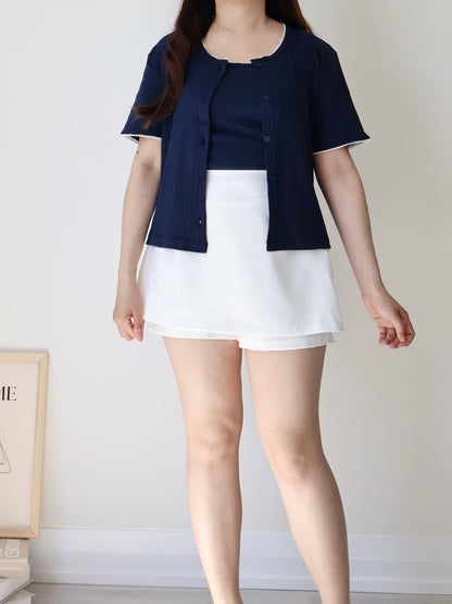 Graceful Contrast-Trim Jacquard Cotton Cami + Cardigan Set(Navy)