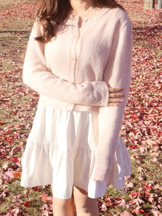 [25% WOOL] Sweet Lace Hollow-Out Cardigan(Peach)