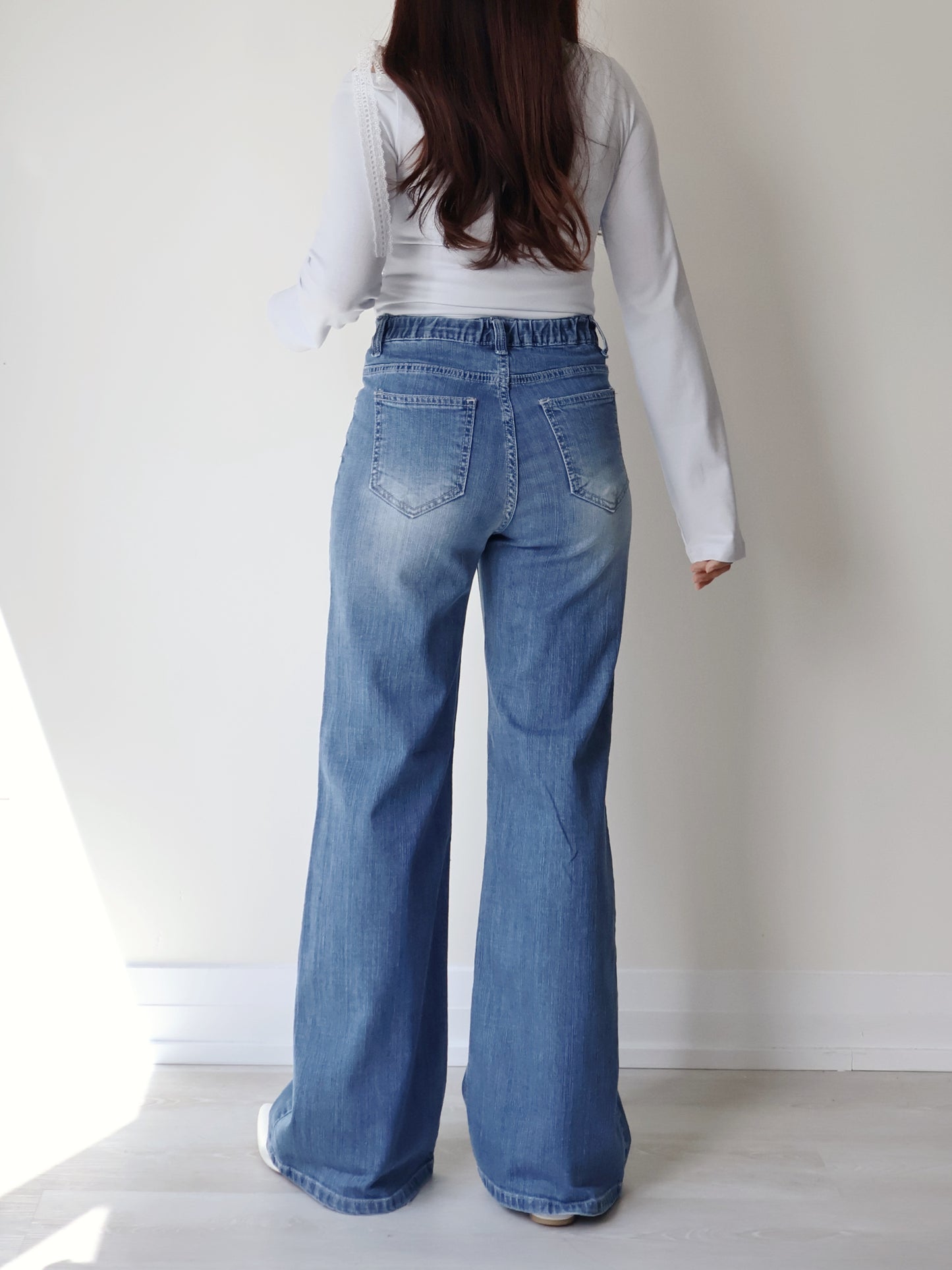 [Half Elastic Waist] Pajama-Soft Lightweight Stretchy Wide-Leg Bootcut Jeans(Dark Blue)