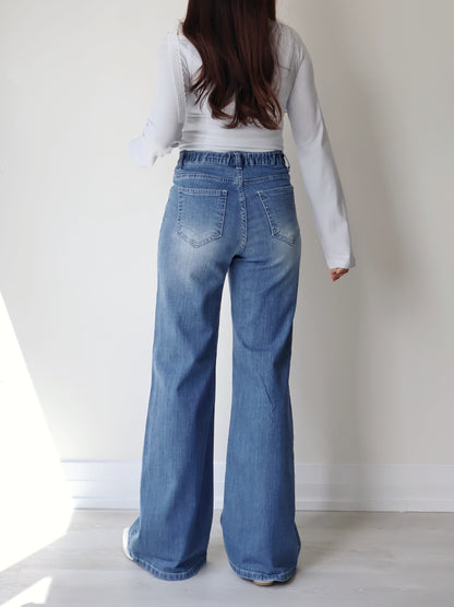 [Half Elastic Waist] Pajama-Soft Lightweight Stretchy Wide-Leg Bootcut Jeans(Dark Blue)