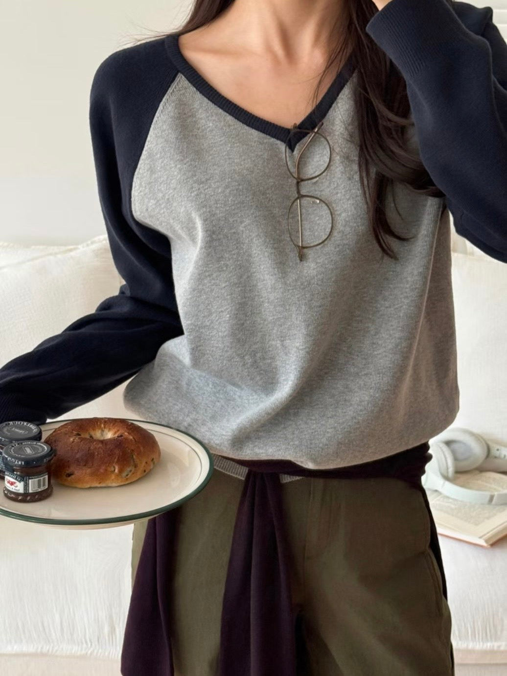 V-Neck Colourblock Dolman Knit Top(4 colors)