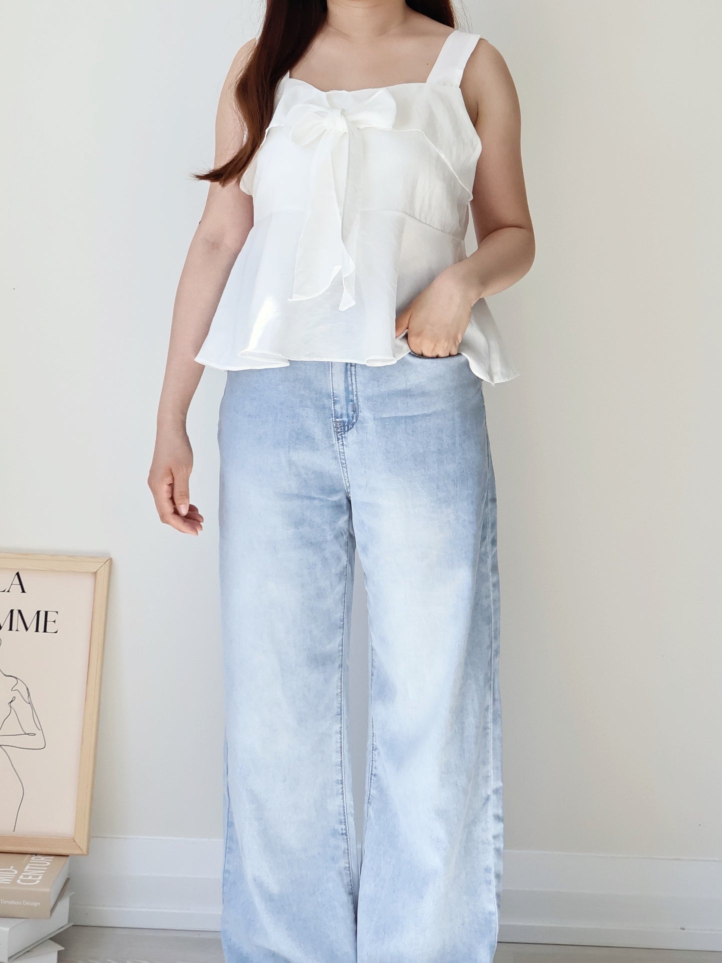 French Tie-Wrap Silky Swing-Hem Blouse(Ivory)