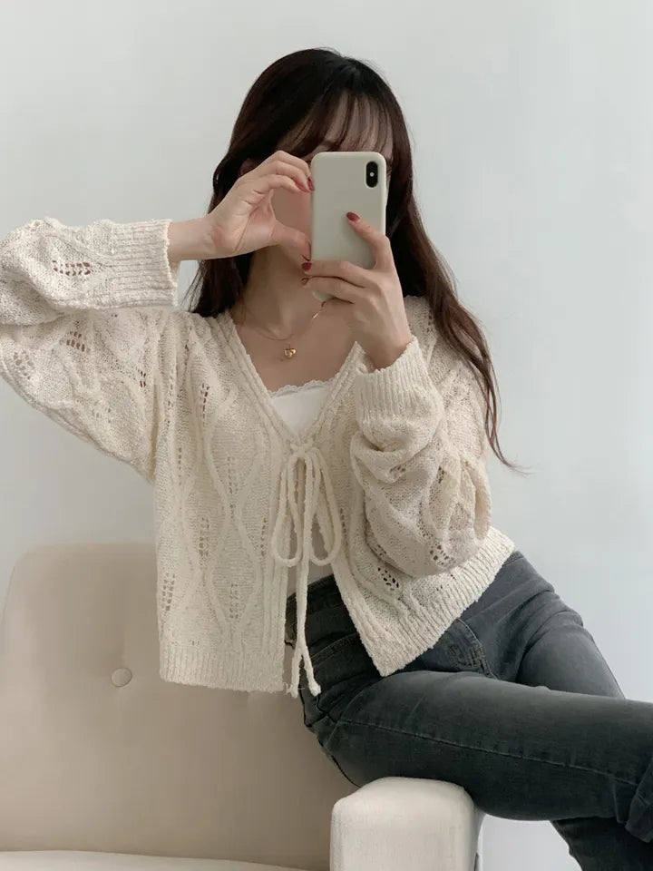 V-Neck Pointelle Tie-Front Knit Cardigan(5 colors)