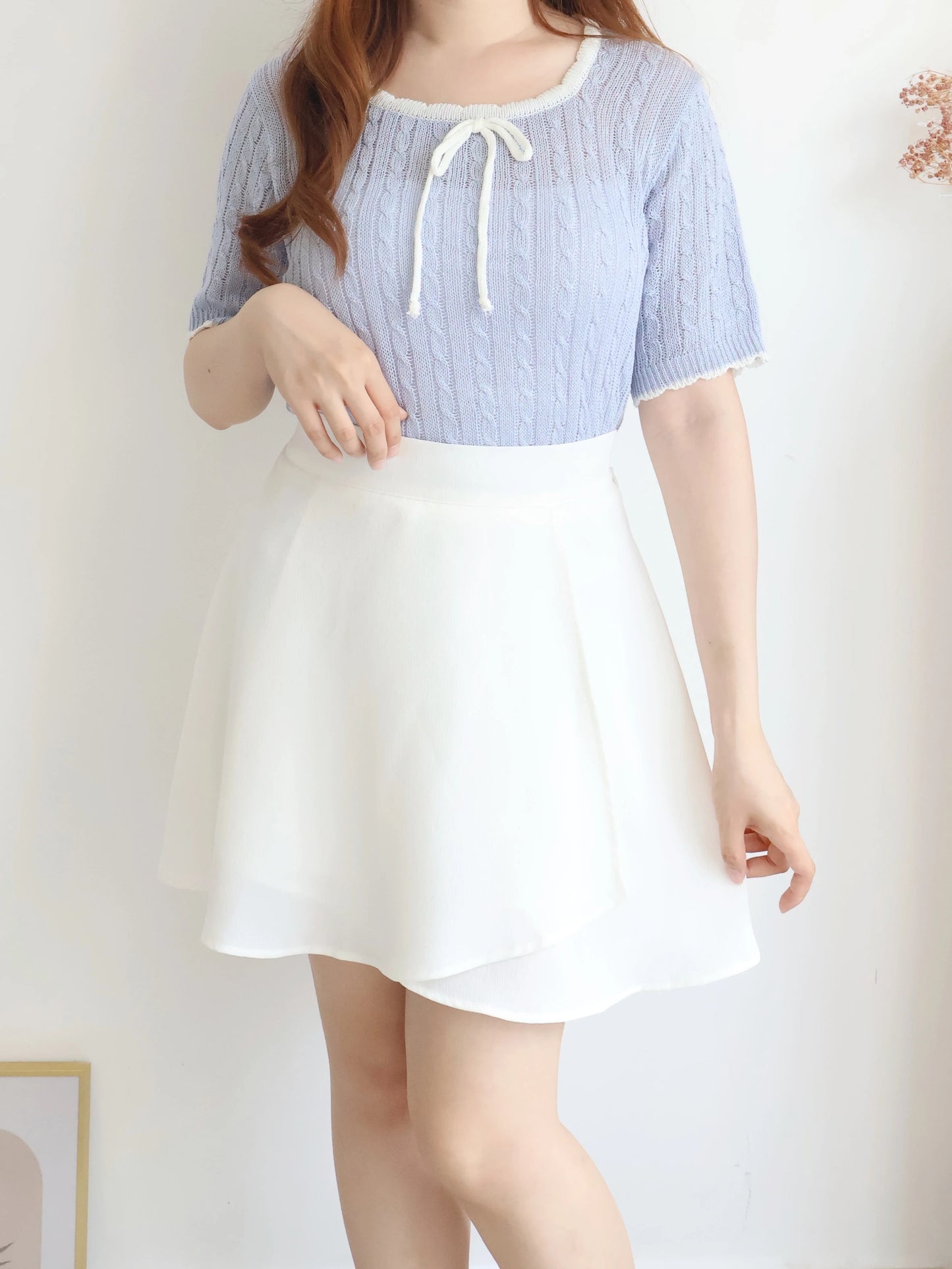 Romantic Square-Neck Contrast-Trim Bow Cable Knit Top(Skyblue)