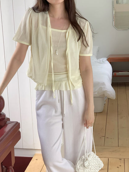 Sweet Ruffle Tie-Front Sheer Cami Set(3 Colors)