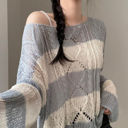 Soft Cable-Knit Colour-Block Top(Skyblue)