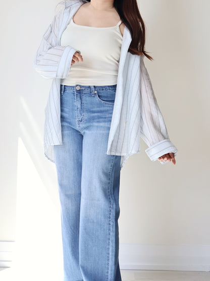 [Wrinkle-Free] Airy Sun-Protective Tencel Striped Shirt(Misty Blue)