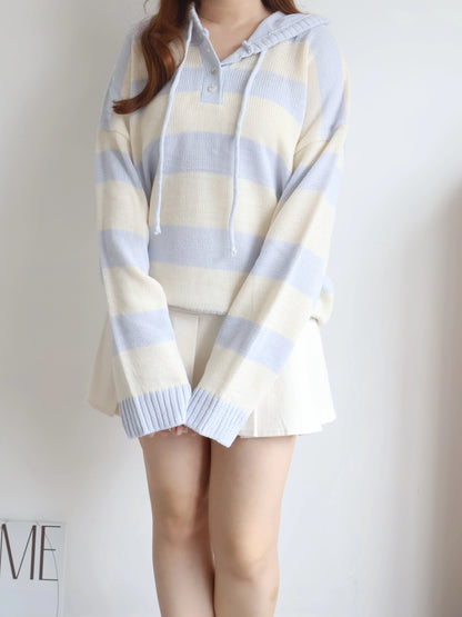Misty Striped Knit Hoodie(Cream x Sky Blue)