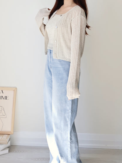 Breezy Cooling Linen Cami + Shell Button Cardigan Set(Oatmeal beige)