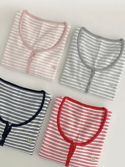 Parisian Striped Henley Knit Top(4 colors)