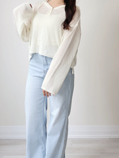 Relaxed 2-Button Hooded UV knit Top(Ivory)