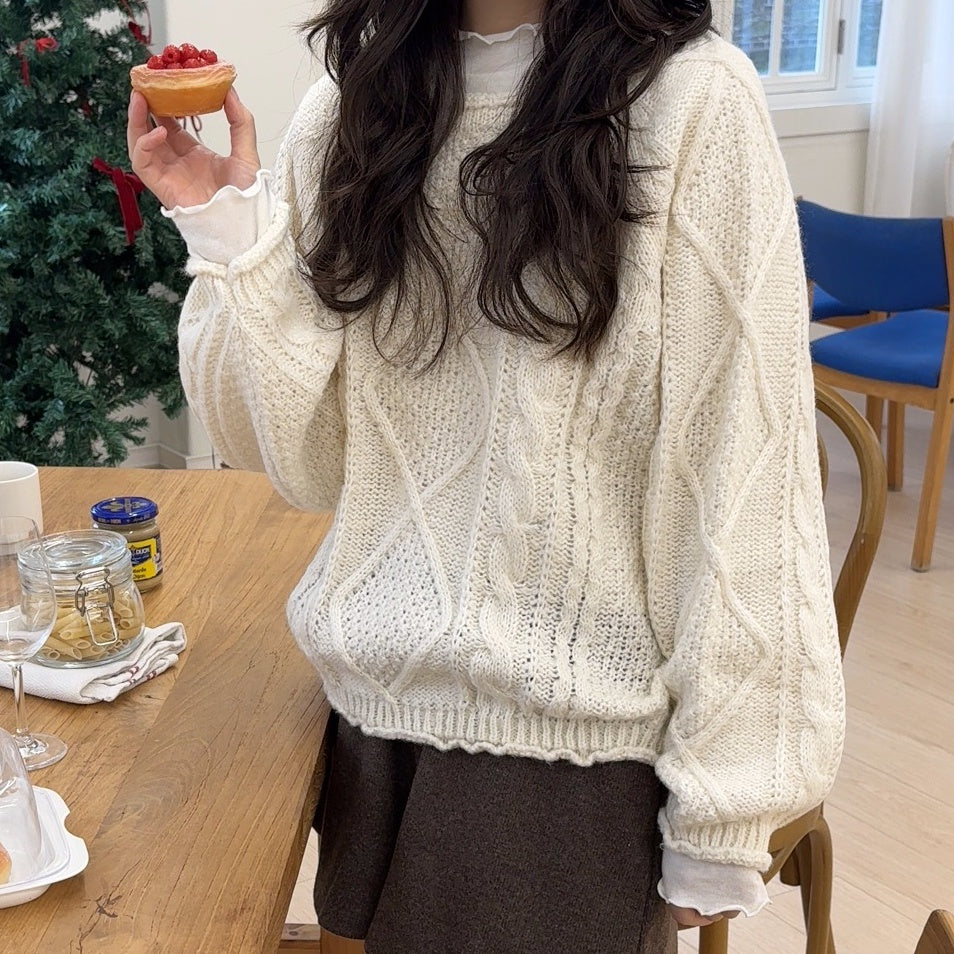 Round Neck Cable Knit Sweater(4 colors)