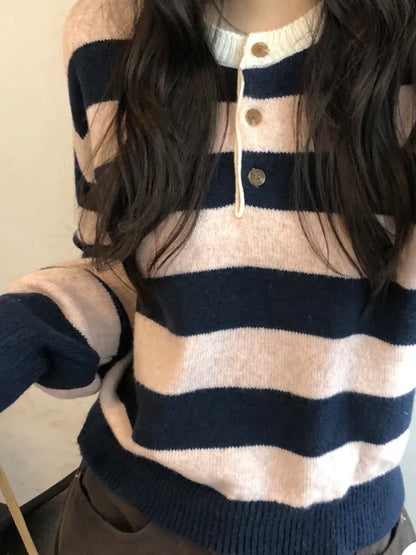 [5% Wool] Henley Neck Two-Tone Striped Sweater(4 colors)