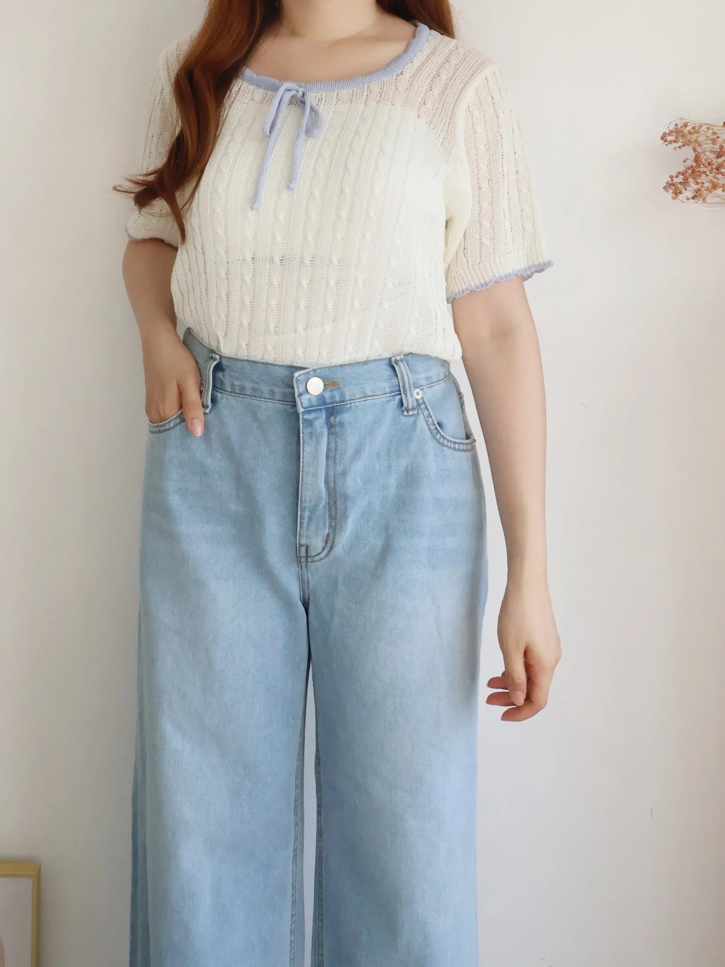 Romantic Square-Neck Contrast-Trim Bow Cable Knit Top(Ivory)