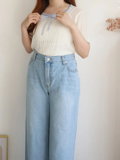 Romantic Square-Neck Contrast-Trim Bow Cable Knit Top(Ivory)