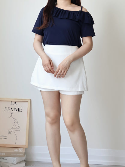 Arm-Slimming Ruffle One-Shoulder Tee(Navy)