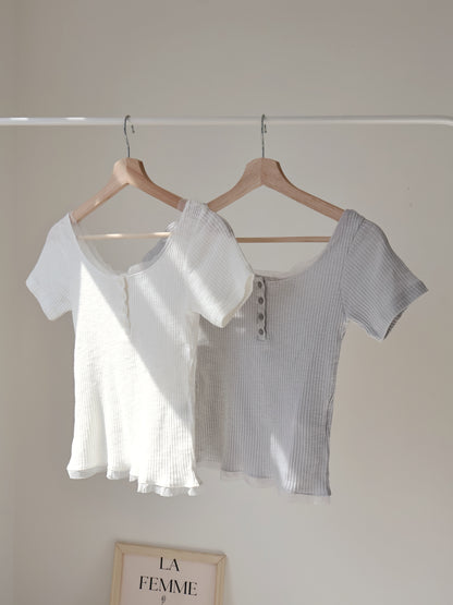 Romantic Half-Button Sheer Top(Ivory)