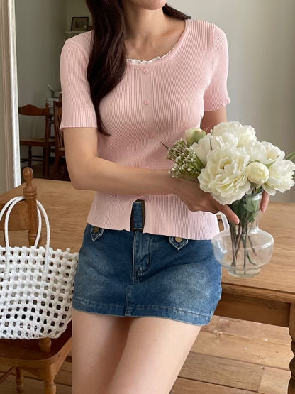 Romantic Lettuce-Trim Ribbed Knit Top(4 colors)