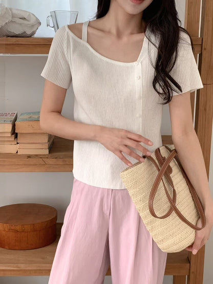 Asymmetric Button-Front One-Shoulder Knit Top(4 Colors)