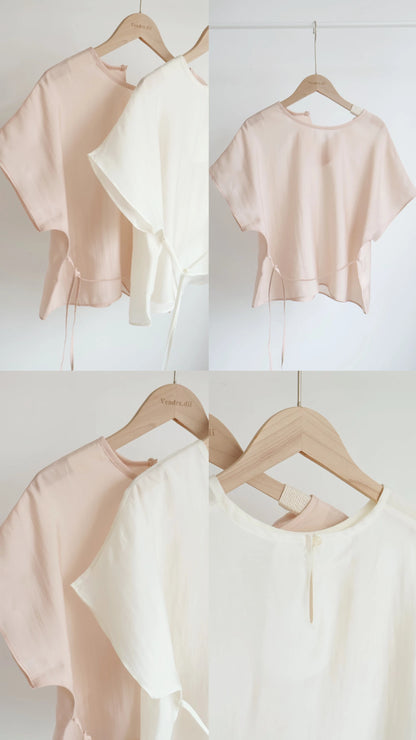 Elegant Tie Detail Flutter-Sleeve Tencel Blouse(Ivory)