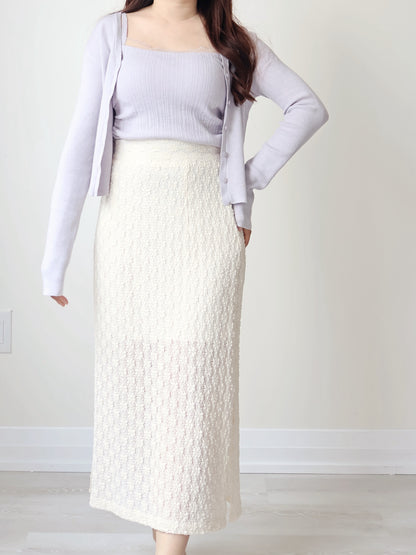 [Stretch Fabric] French Elegant Floral Embossed Slit Midi Skirt(3 colors)