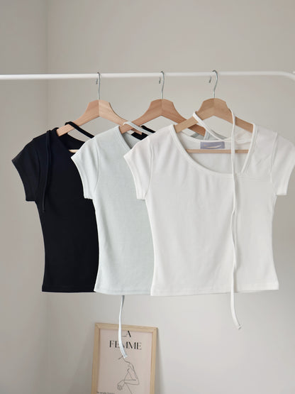 Asymmetric Halter-Tie Stretchy Top(Ivory)