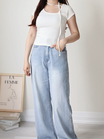 Asymmetric Halter-Tie Stretchy Top(Ivory)