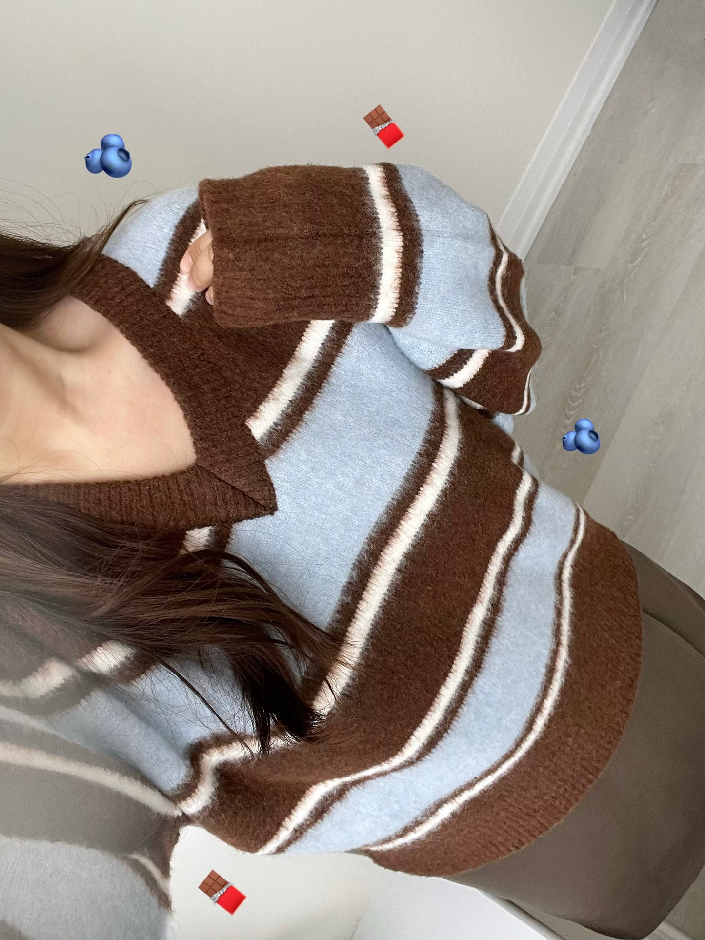 V-neck Retro Striped Sweater(Brown)