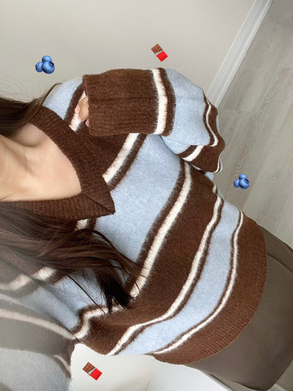 V-neck Retro Striped Sweater(Brown)