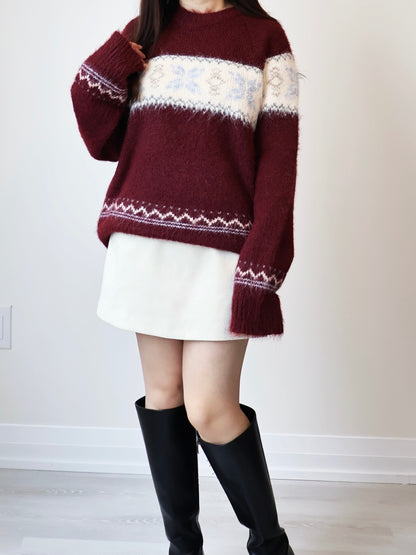 [10% WOOL] Snowflake Oversized Sweater(Burgundy)