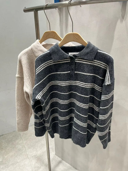 [5% WOOL] Collar Striped Loose Fit Sweater (4 colors)