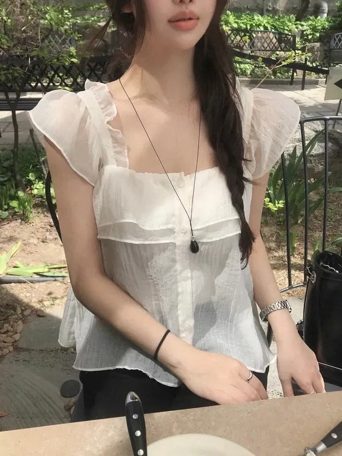 Flowy Tiered Buttoned Chiffon Flutter Sleeves Blouse(3 Colors)