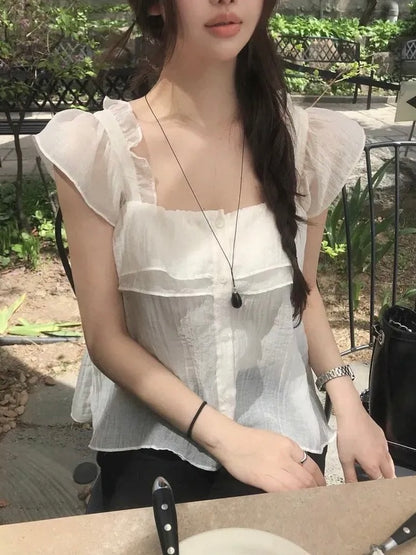 Flowy Tiered Buttoned Chiffon Flutter Sleeves Blouse(3 Colors)