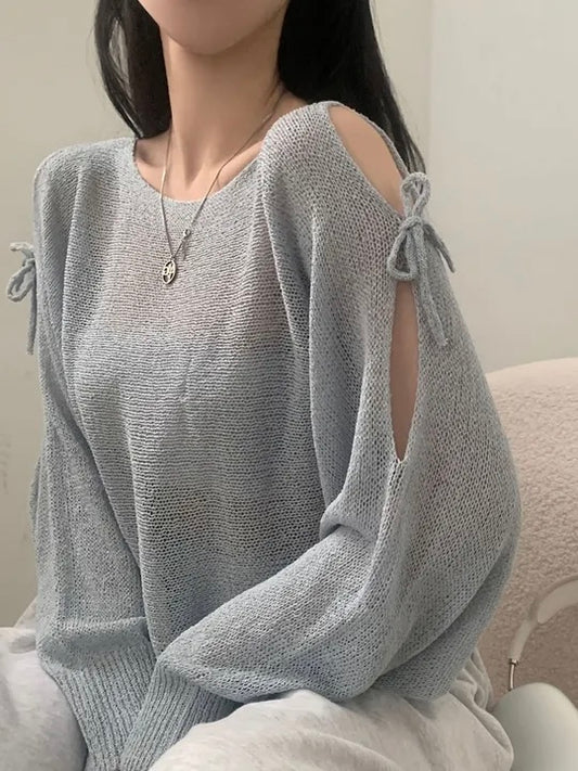 Ribbon Tie Open-Shoulder Knit Top(5 colors)