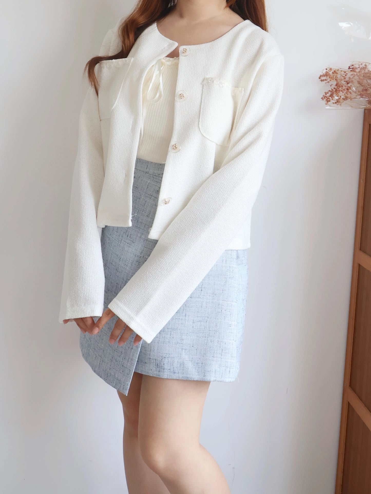 Elegant Bow-Embossed Button Tweed Jacket(3 colors)