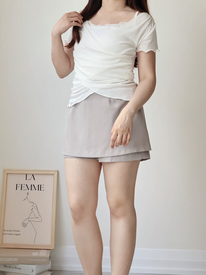 Elegant Lace Trim Layered Wrap Top(Ivory)