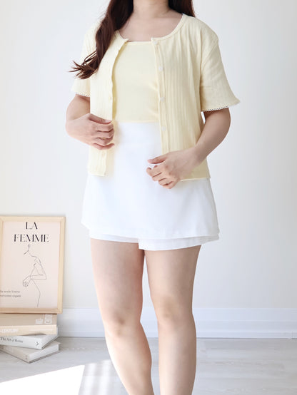 Graceful Contrast-Trim Jacquard Cotton Cami + Cardigan Set(Light Yellow)