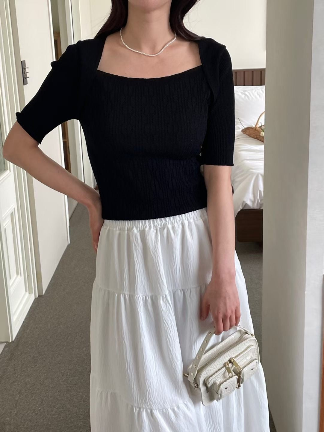 Structured Shoulder Half-Sleeve Knit Top(3 colors)
